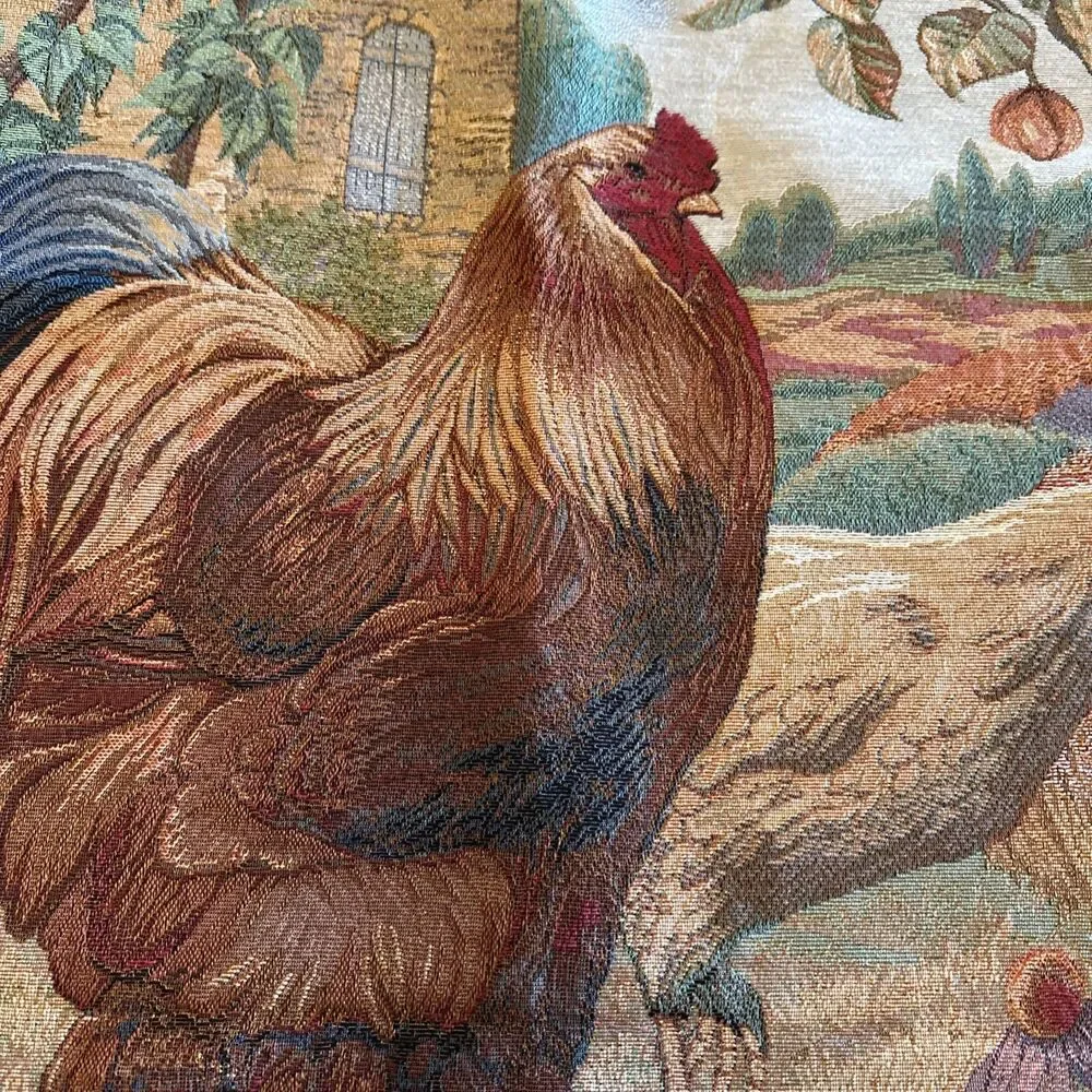 Tapestry w/ Fancy Rod Roosters & Hen French Country Wall Hanging Farmhouse